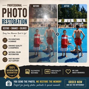 May include: An advertisement for professional photo restoration services. The image shows a "before" and "after" comparison of a restored photo. Text includes "Restore, Enhance, Colorize" and "Fix Scratches & Damage."