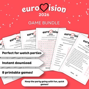 Könnte beinhalten: Spielesammlung für die Eurovision 2026, ideal für Viewing-Partys. Enthält 8 druckbare Spiele mit Wortsuchrätseln, Anagrammen und Quizfragen. Das Design hat ein rot-weißes Farbschema mit dem Eurovision-Logo und Text.