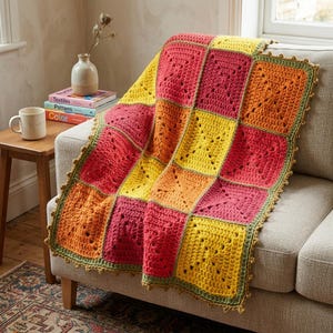 Modèle de couverture patchwork au crochet colorée, jeté carré rétro (téléchargement PDF)