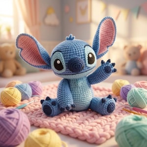 May include: A handmade blue crochet Stitch doll with large ears and a friendly expression. The doll is sitting on a pink crocheted square, surrounded by colorful yarn balls and crochet hooks. A charming, handcrafted item.