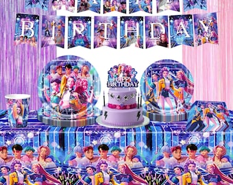 Kp*p Demon Hu*ters Birthday Party Decor,Party Banner,Cake Topper,Balloons, Tablecloth,Backdrop,Tableware,Paper Cups,Kids Kp*p Party Supplies