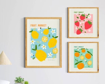 Fruitmarkt poster, Keuken Voedselmarkt Poster, Eetkamer Art Prints Set van 3, Digitale Download, Aardbei prints, trendy citroen prints