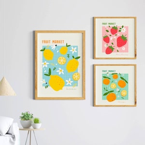 Fruit Market poster, Kitchen Food market Poster, Dining room Art Prints Set of 3, Digital Download, Strawberry prints, trendy lemon prints image 1