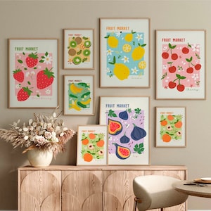 Esszimmer Kunstdrucke 9er Set, Zitrone Lebensmittelmarkt Poster, digitaler Download, Obstmarkt Küche Wanddekor, Orange Erdbeere Poster