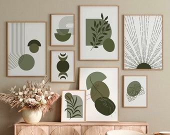 Mid Century Art Prints Set of 12, Green Moss Modern Wall Art Decor, Digital Download, Boho Style Art Prints, Mid Century Art Printables