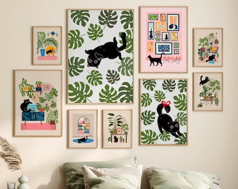 Cosy Home black Cat Wall Art, Set van 9 prints, Trendy Wall Art, Black Cat Owner Gift, Neutraal interieur, Cat Lover Gift, Plant lady cadeau