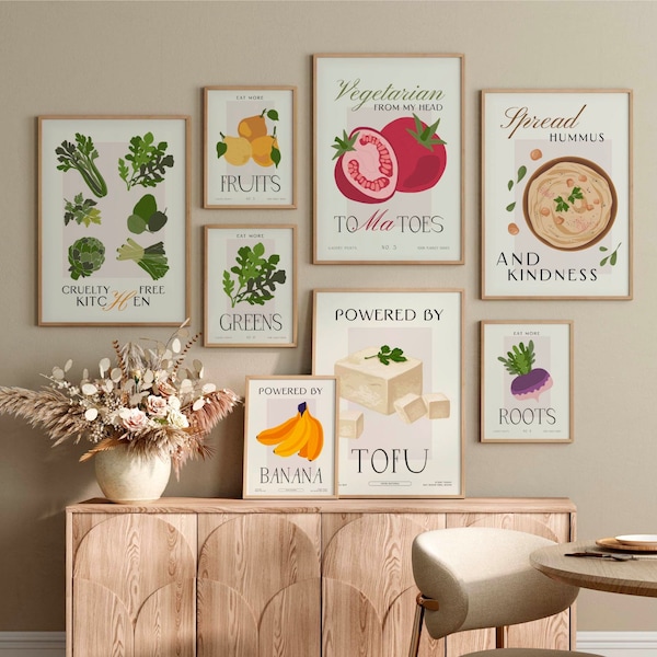 Juego de 12 impresiones de arte de cocina y comedor, decoración de arte de pared vegana, descarga digital, impresiones de arte de cocina de alimentos saludables, ideas de regalos vegetarianos