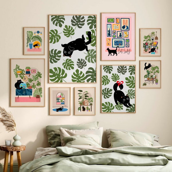 Cozy Home black Cat Wall Art, Set of 9 prints, Trendy Wall Art, Black Cat Owner Gift, Neutral interior decor, Cat Lover Gift,Plant lady gift