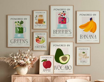 Dining room Art Prints Set of 12, Vegan Wall Art Decor, Digital Download, Vegetarian Kitchen Wall Decor, Healthy Food Kitchen Art Prints