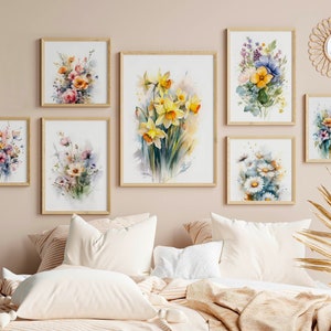 Estampas de flores silvestres, conjunto de 9, cores suaves de primavera, aquarela, decoração artística de parede boho, download digital, arte digital floral IMPRIMÍVEL