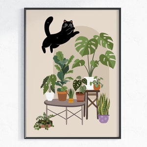 Impresión de plantas de interior, arte de pared imprimible de gato negro y plantas, descarga digital, regalo para amantes de las plantas, póster de plantas de interior en macetas, amante de los gatos CH6