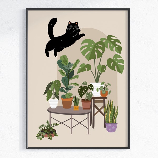 House Plants Print, Black Cat and Plants Printable Wall Art, Digital Download, Plant Lover Gift, Potted Indoor Plants Poster, Cat Lover gift