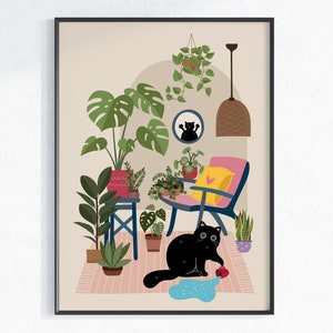 Stampa di piante domestiche, gatto nero e piante arte della parete stampabile, download digitale, regalo per gli amanti delle piante, poster di piante da interno in vaso, regalo per gli amanti dei gatti