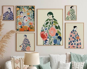 Vrouw Floral Wall Art Set van 6, Floral Art Prints, Botanische Poster Set, Lentebloemenprints, Kleurrijke Galerijprints, Digitale Kunstprint