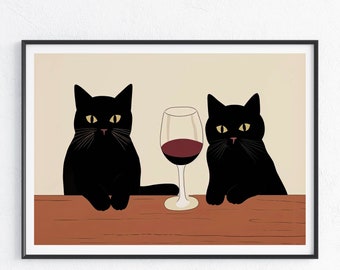 Wine Cat Art Prints, Cat in arts Painting, Black Cat Horizontal Printable Wall Art, Digital Download, Cat Lover gift, Wine lover gift idea