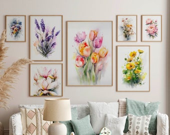 Spring Flower prints, set of 9, Soft Spring colours, watercolour, artful boho wall decor, digital download, PRINTABLE floral digital art