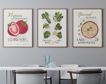 Végétarien Art Prints Set de 3, Food Market Modern Wall Art Decor, Digital Download, Kitchen Wall Decor, Cruelty Free Kitchen Art Prints