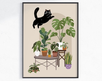 House Plants Print, Black Cat and Plants Printable Wall Art, Digital Download, Plant Lover Gift, Potted Indoor Plants Poster, Cat Lover gift