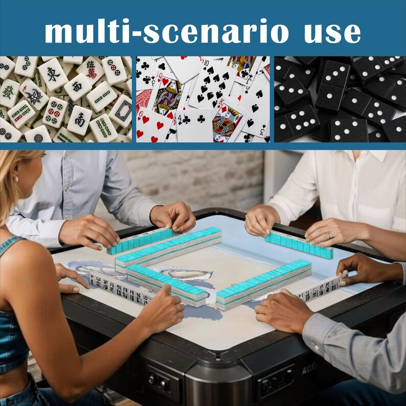 May include: A square automatic mahjong table with a light blue surface and black frame, featuring four players arranging light blue tiles. The top panel displays mahjong tiles, playing cards, and black dominoes with the text multi-scenario use.