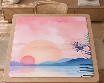 Tapis de mahjong coucher de soleil rose, tapis de table côtier tropical, décor de plage pastel, cadeau de mahjong américain, style grand millénaire côtier