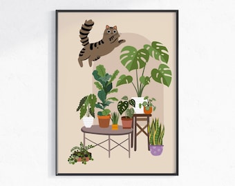 House Plants Print, Brown Tabby Cat and Plants Printable Wall Art, Digital Download, Plant Lover Gift, Potted Indoor Plants Poster