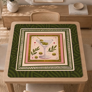 Mahjong Table Mat, Olive Green Decor, Retro Martini, Table Protector Mat