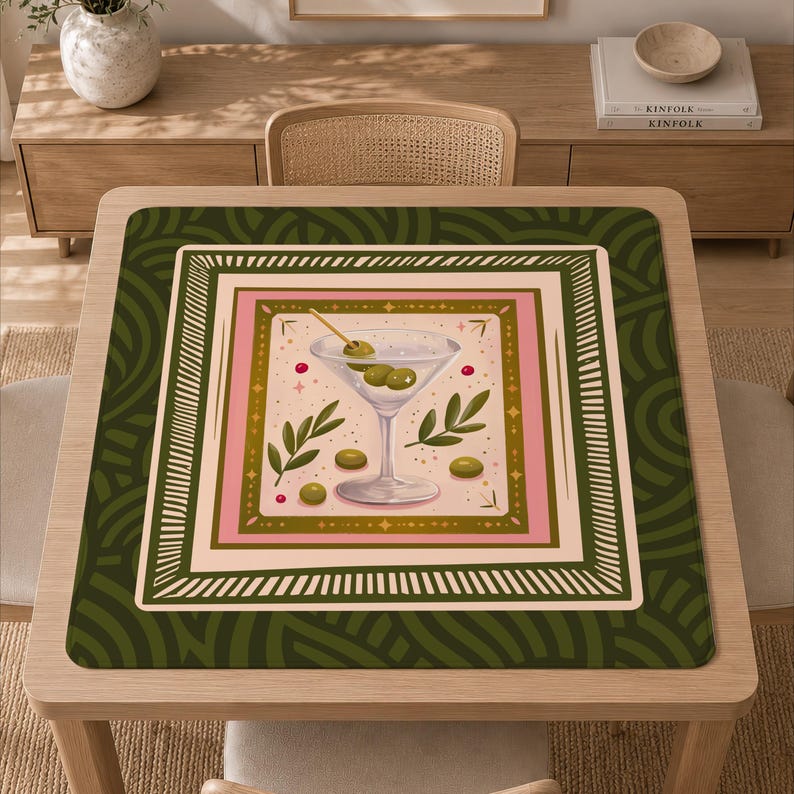 Mahjong Table Mat, Olive Green Decor, Retro Martini, Table Protector Mat
