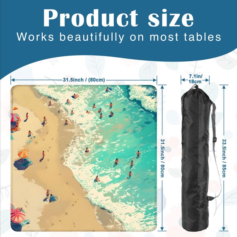 Peut inclure: Un tapis carr&eacute; sur le th&egrave;me de la plage avec un rivage sablonneux et un oc&eacute;an turquoise peupl&eacute; de baigneurs, mesurant 80 cm sur 80 cm, accompagn&eacute; d'un sac de transport noir cylindrique de 18 cm sur 85 cm avec une bandouli&egrave;re r&eacute;glable.