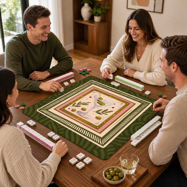 Mahjong Table Mat, Olive Green Decor, Retro Martini, Table Protector Mat image 12