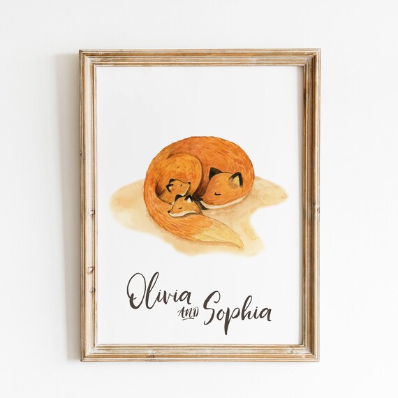 Watercolour Twins Fox Mother Nursery Art Print | Nursery wall art | Twins Baby Name Prints | Fox Family Nursery Art | Autumn Animal Prints Il_570xn