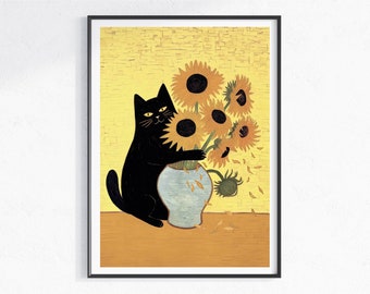 Cat and van gogh's sunflowers, cat eating flowers, bad cat, cat