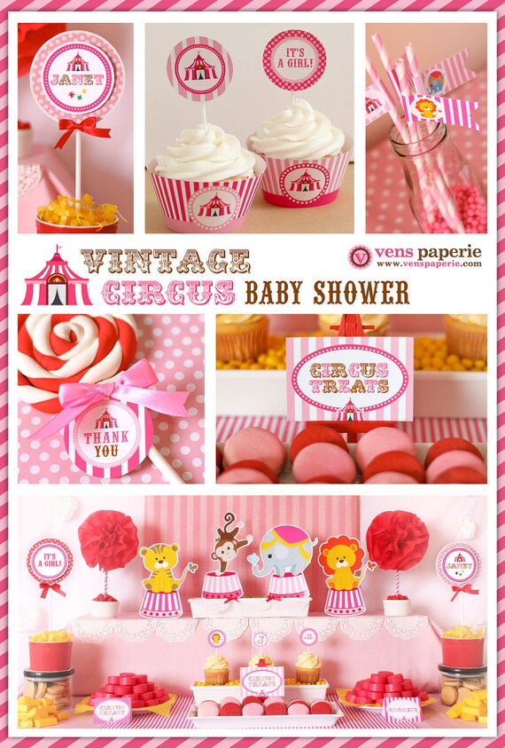 Vintage pink carnival circus baby shower package personalised digital party decoration, vintage circus baby shower, circus party decoration Il_570xn