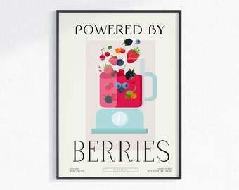 Powered by Berries Smoothie Art Print, Digitale poster, Smoothie minnaar geschenken, Fruit prints, Vegan Vegetarische Poster, zomerkeuken decor