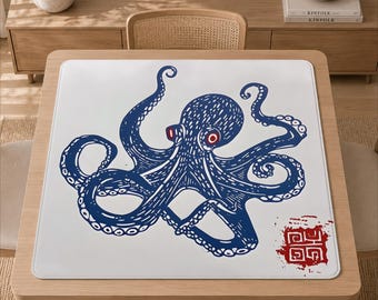 Tapis de mahjong Octopus, tapis de table d'art à l'encre nautique, décor Kraken Ocean, cadeau de mahjong américain, style collectionneur de vie marine