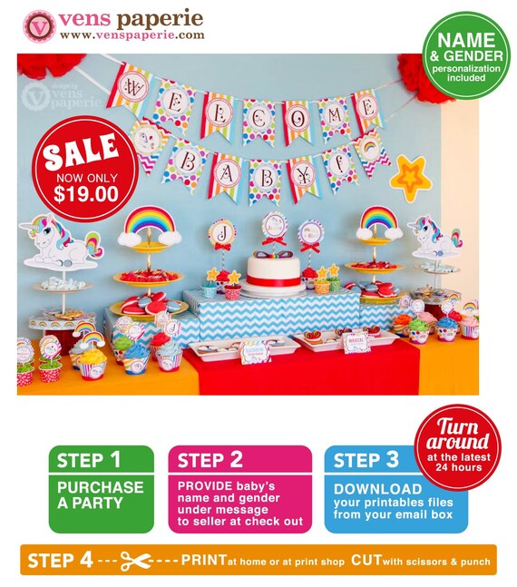Unicorn Rainbow Party Baby Shower Package Personalized Full