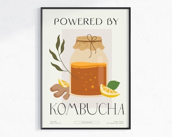 Powered by Kombucha Art Print, Digital Poster, Tea lover gifts, Vegan Vegetarian Poster, dining room, cafe, healthy living, trendy poster