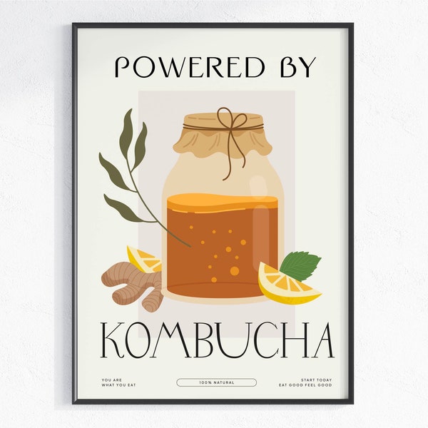 Powered by Kombucha Art Print, Digital Poster, Tea lover gifts, Vegan Vegetarian Poster, dining room, cafe, healthy living, trendy poster