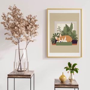 Schattige Corgi op vensterbank afdrukbare kunst met weelderige planten, minimalistische Boho poster in aardetinten, uniek cadeau voor honden en plantenliefhebbers afbeelding 8