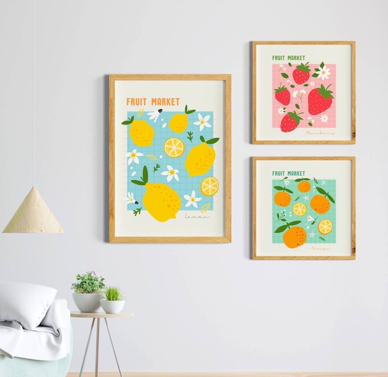 Fruit Market poster, Kitchen Food market Poster, Dining room Art Prints Set of 3, Digital Download, Strawberry prints, trendy lemon prints image 1