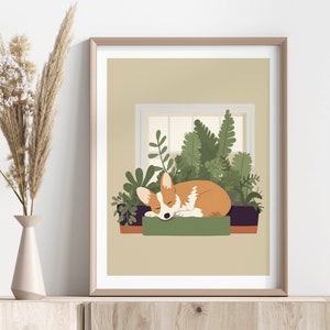 Schattige Corgi op vensterbank afdrukbare kunst met weelderige planten, minimalistische Boho poster in aardetinten, uniek cadeau voor honden en plantenliefhebbers afbeelding 9