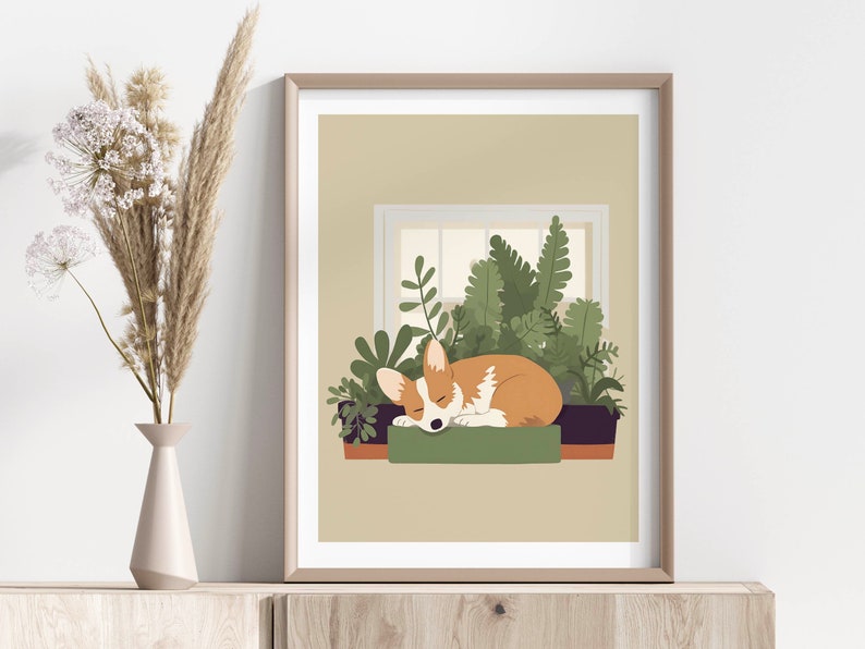 Schattige Corgi op vensterbank afdrukbare kunst met weelderige planten, minimalistische Boho poster in aardetinten, uniek cadeau voor honden en plantenliefhebbers afbeelding 9