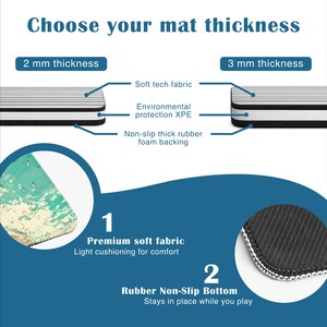Peut inclure: Un graphique comparatif intitul&eacute; Choose your mat thickness pr&eacute;sentant des options de 2 mm et 3 mm. Il illustre des couches de tissu technique doux, de mousse XPE &eacute;cologique et une base en caoutchouc antid&eacute;rapant avec des d&eacute;tails en gros plan.