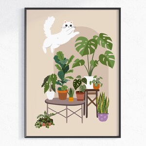 House Plants Print, White Cat and Plants Printable Wall Art, Digital Download, Plant Lover Gift, Potted Indoor Plants Poster, Cat Lover CH6
