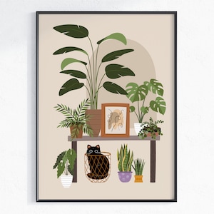House Plants Print, Tabby Cat and Plants Printable Wall Art, Digital Download, Plant Lover Gift, Potted Indoor Plants Poster, Cat Lover gift