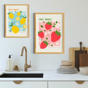 Fruit Market poster, Kitchen Food market Poster, Dining room Art Prints Set of 3, Digital Download, Strawberry prints, trendy lemon prints image 5