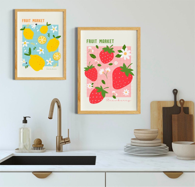 Fruit Market poster, Kitchen Food market Poster, Dining room Art Prints Set of 3, Digital Download, Strawberry prints, trendy lemon prints image 5