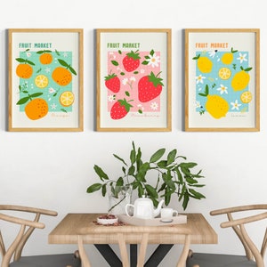 Fruit Market poster, Kitchen Food market Poster, Dining room Art Prints Set of 3, Digital Download, Strawberry prints, trendy lemon prints image 4