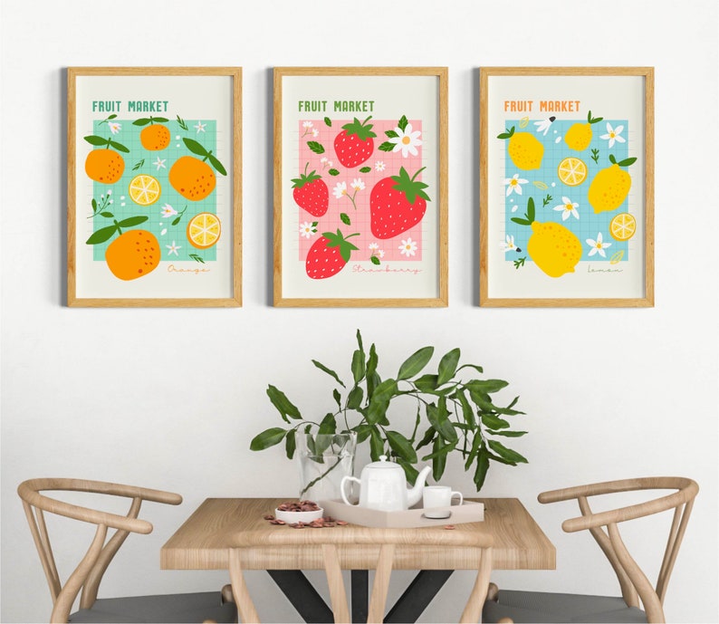 Fruit Market poster, Kitchen Food market Poster, Dining room Art Prints Set of 3, Digital Download, Strawberry prints, trendy lemon prints image 4