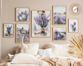 Lavendel bloem kunst prints set van 9, bloemen poster, digitale download, zomer bloemen aquarel schilderen, paars wit, Frans land decor