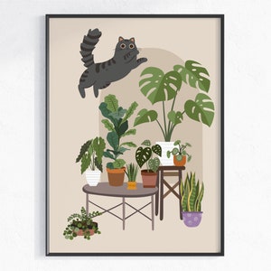 House Plants Print, Tabby Cat and Plants Printable Wall Art, Digital Download, Plant Lover Gift, Potted Indoor Plants Poster, Cat Lover CH6